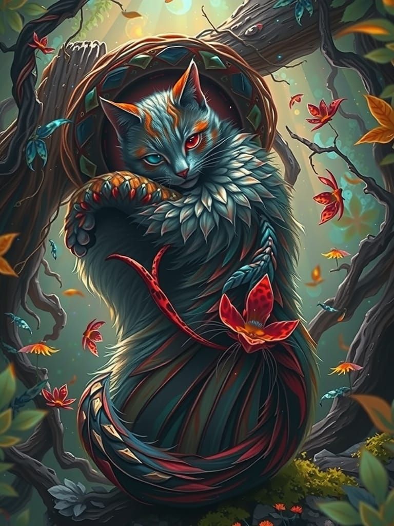 Whimsical Cat in Vibrant Forest with Twisted Wood and Exotic...
