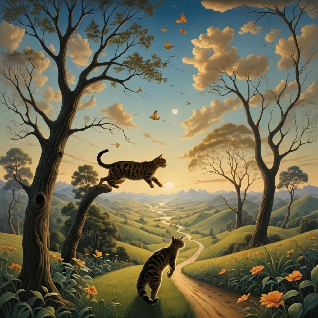 Whimsical Feline Pursuit in a Surreal Dreamscape