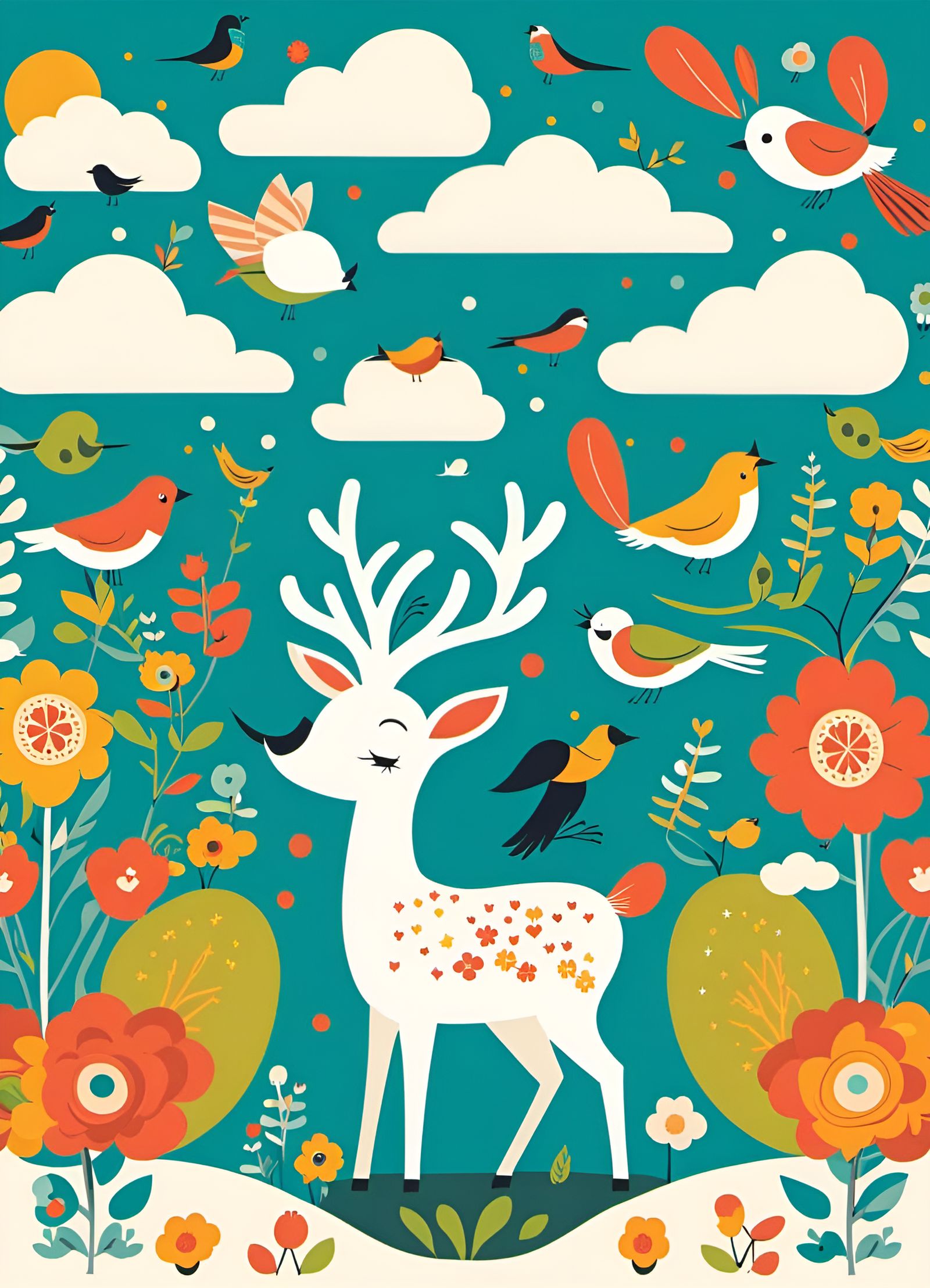 Whimsical Deer Illustration with Clouds and Birds