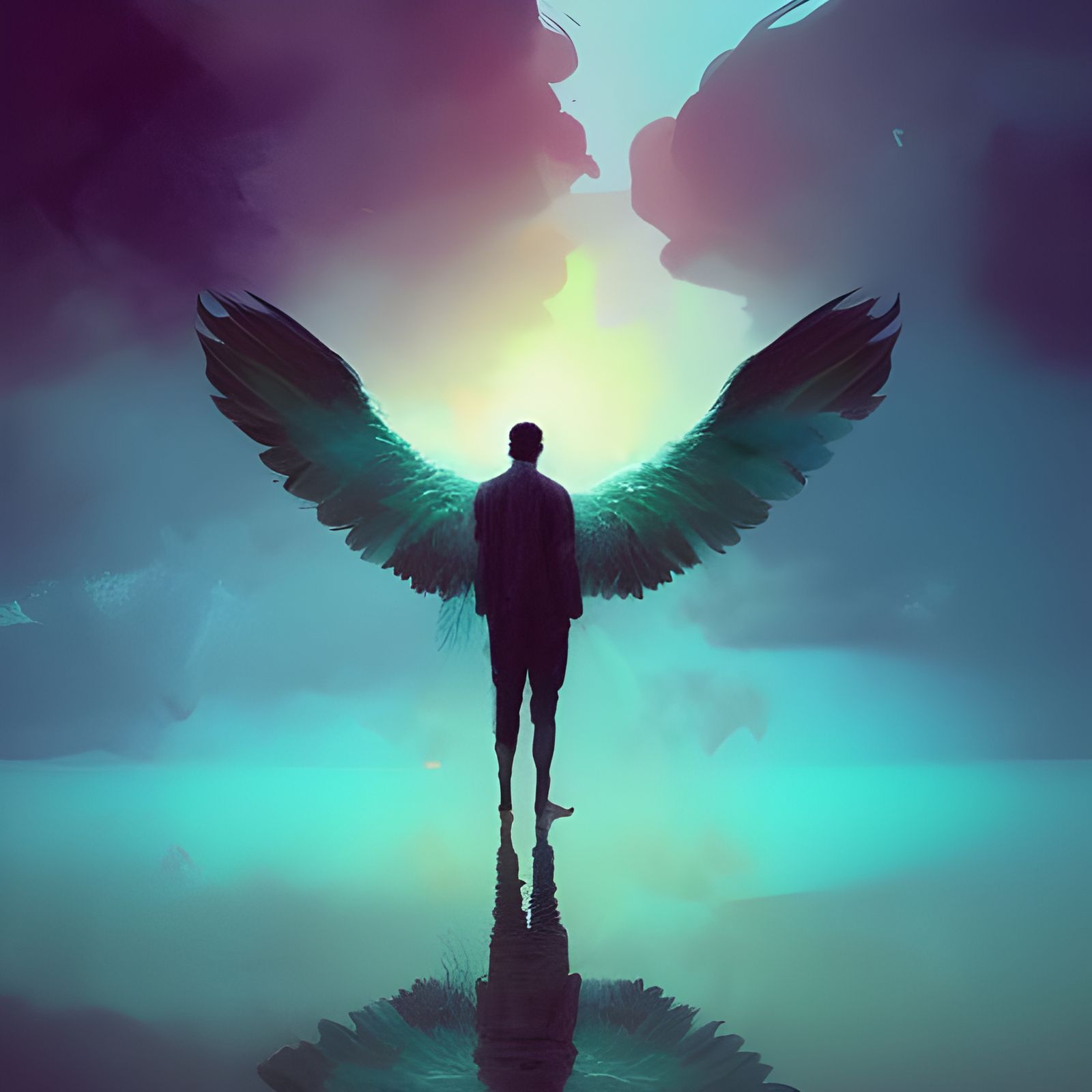 Angel Winged Man Stands at Sunset: Colorful Matte Painting