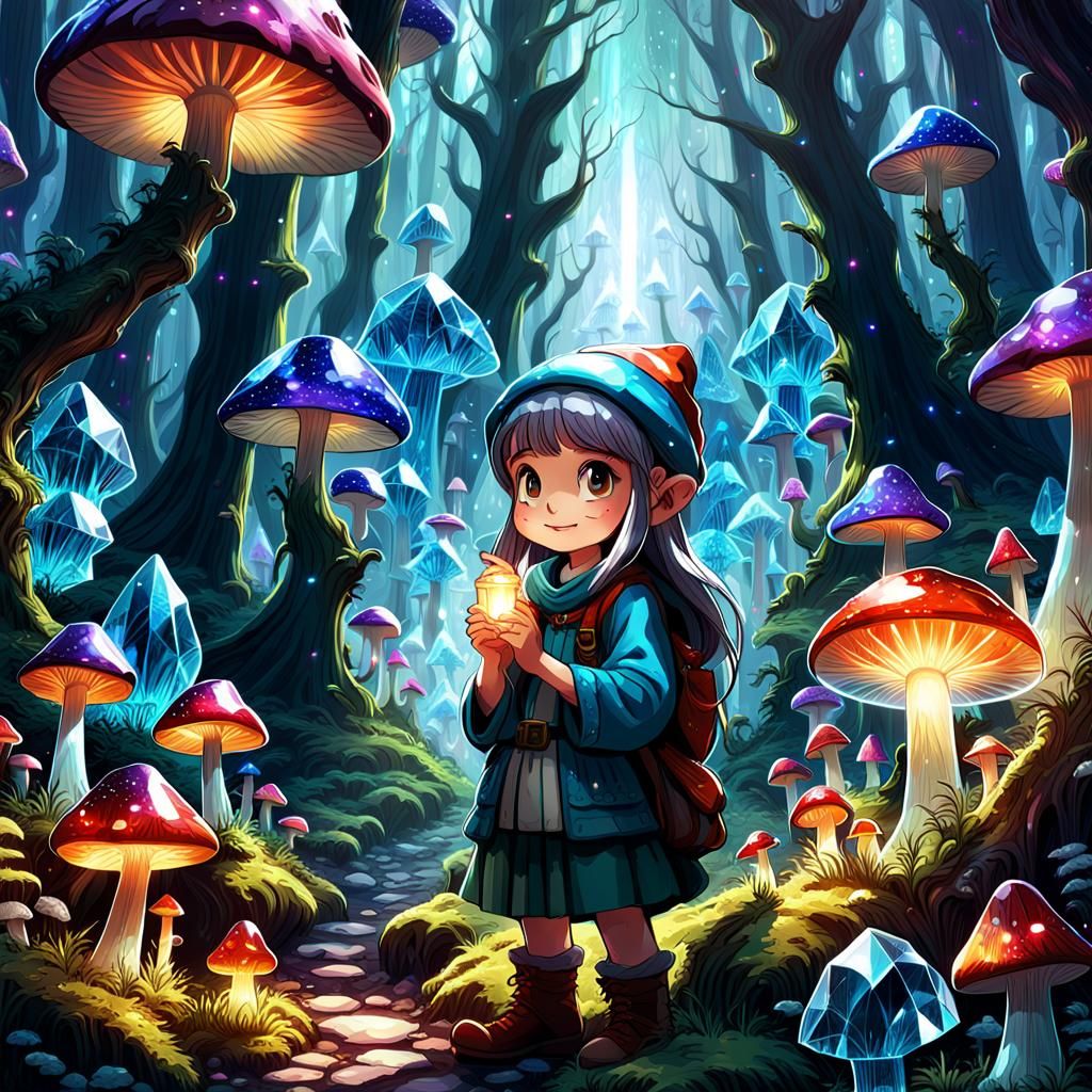 Gnome Woman in Crystal Mushroom Forest, Anime Style