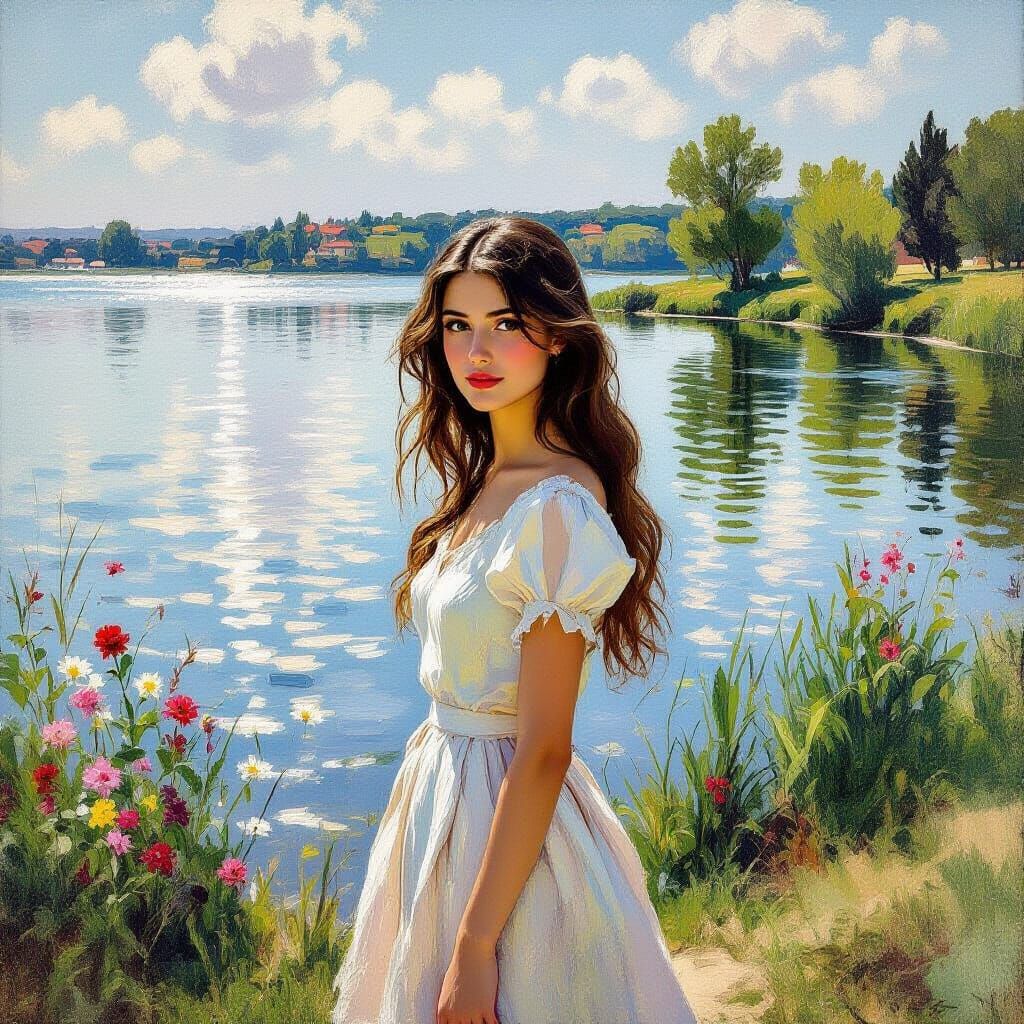 Lakeside Woman: Impressionistic Style with Flowing Hair