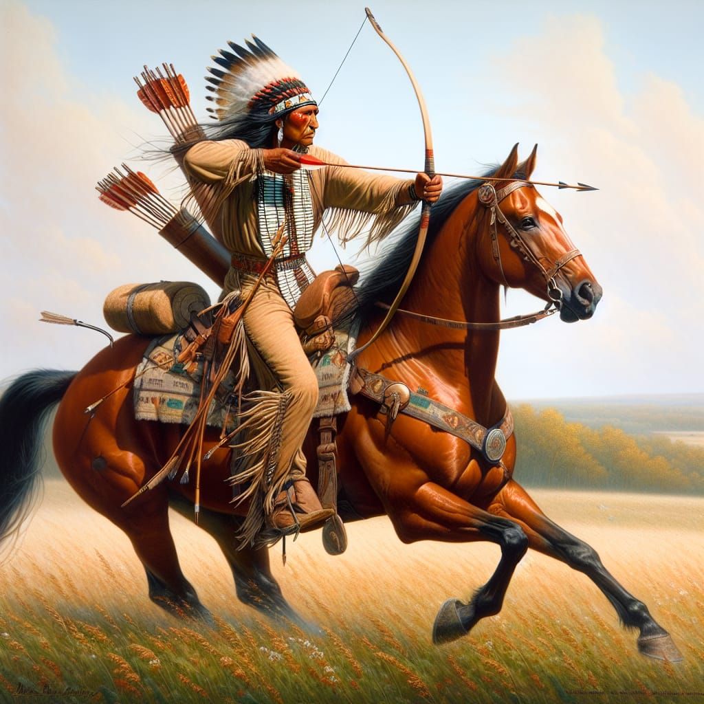 Native American Warrior Rides Horse in Hunt with Bow and Arr...