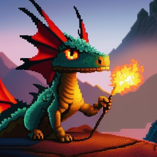 Cute Pixel Art Dragon Breathing Fire