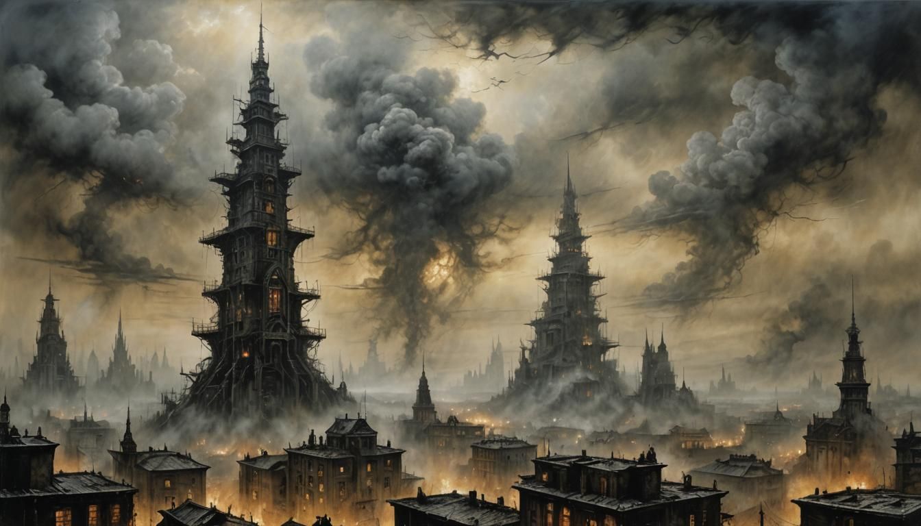 Dieselpunk Cityscape in Blazing Encaustic Hues