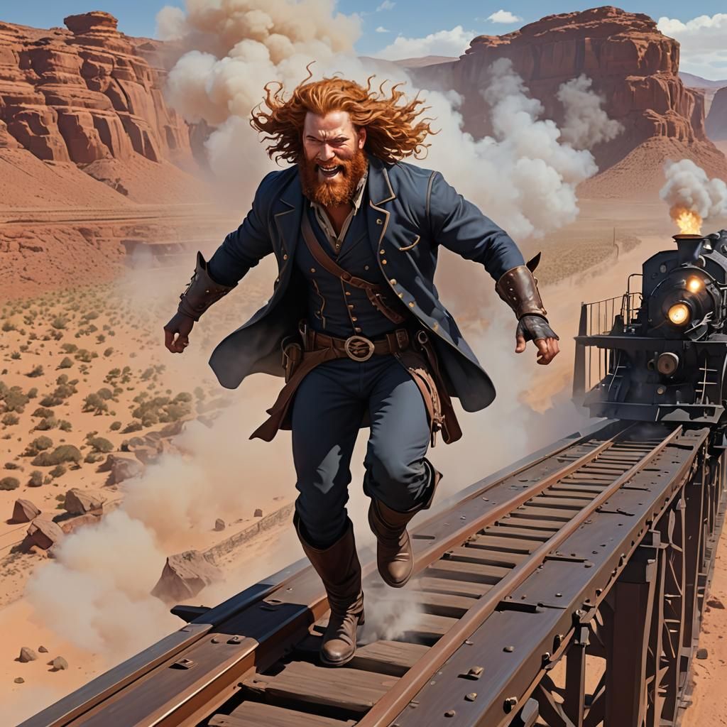 Daring Cowboy Outlaw Leaping from a Moving Steam Train in a...