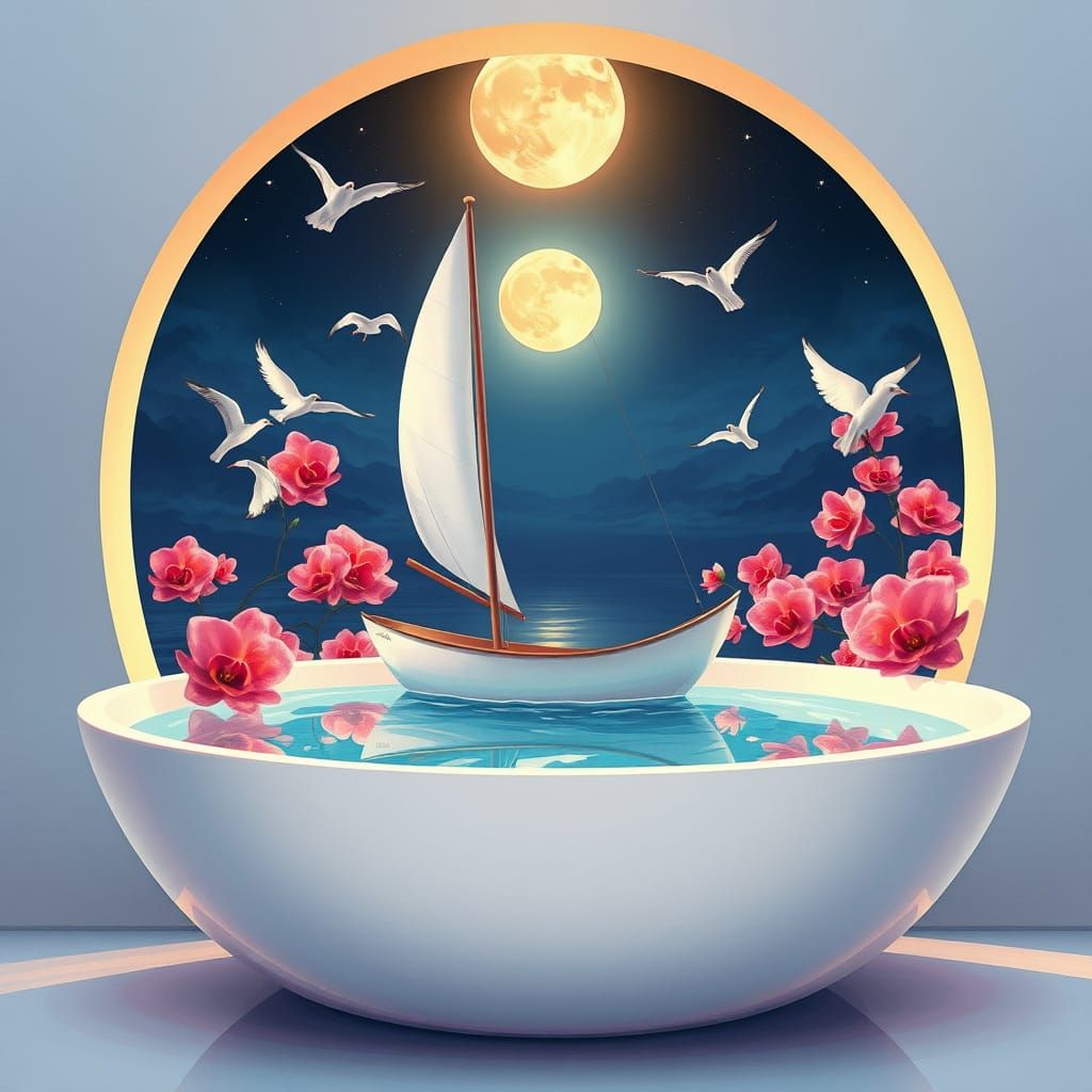 Una ilustración de una fantasia de una bañera 🛁 blanca.....