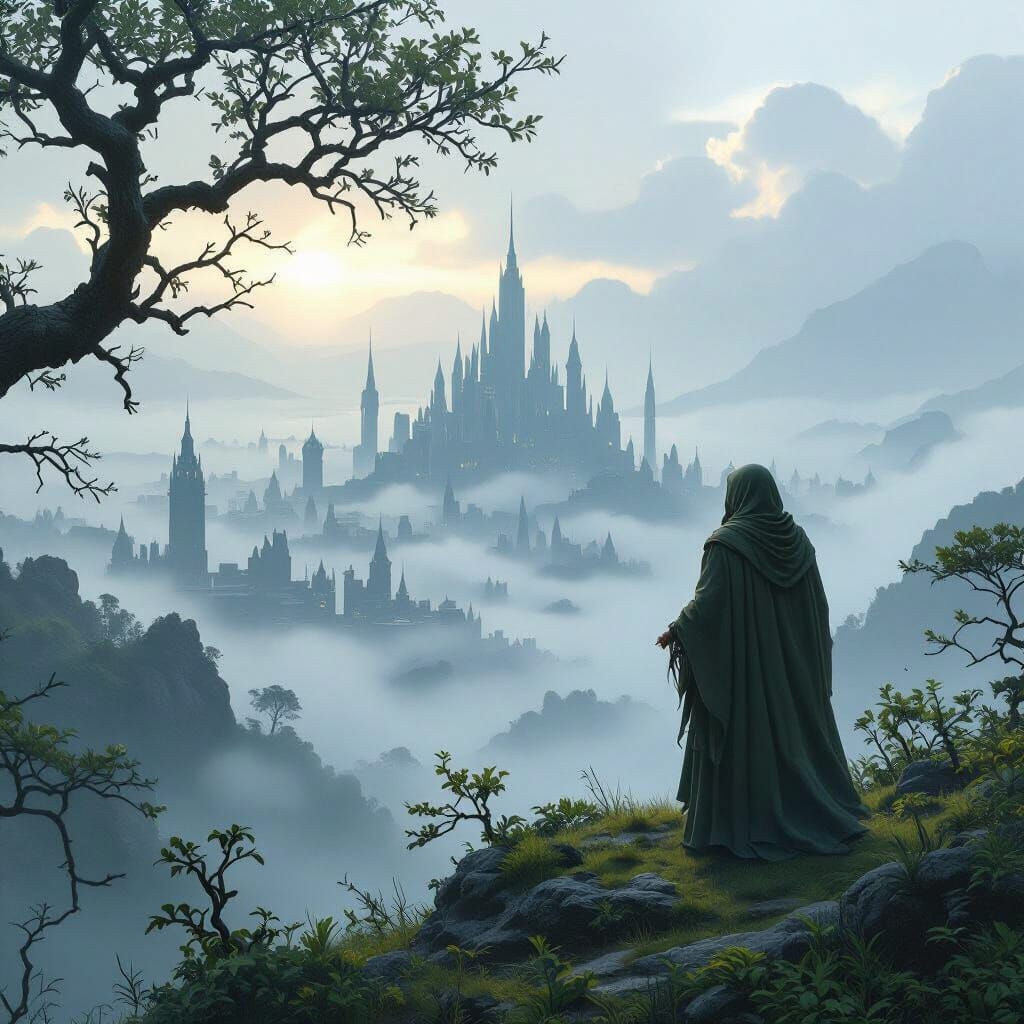 Druid Overlooks Metropolis in Mystical Landscape Art