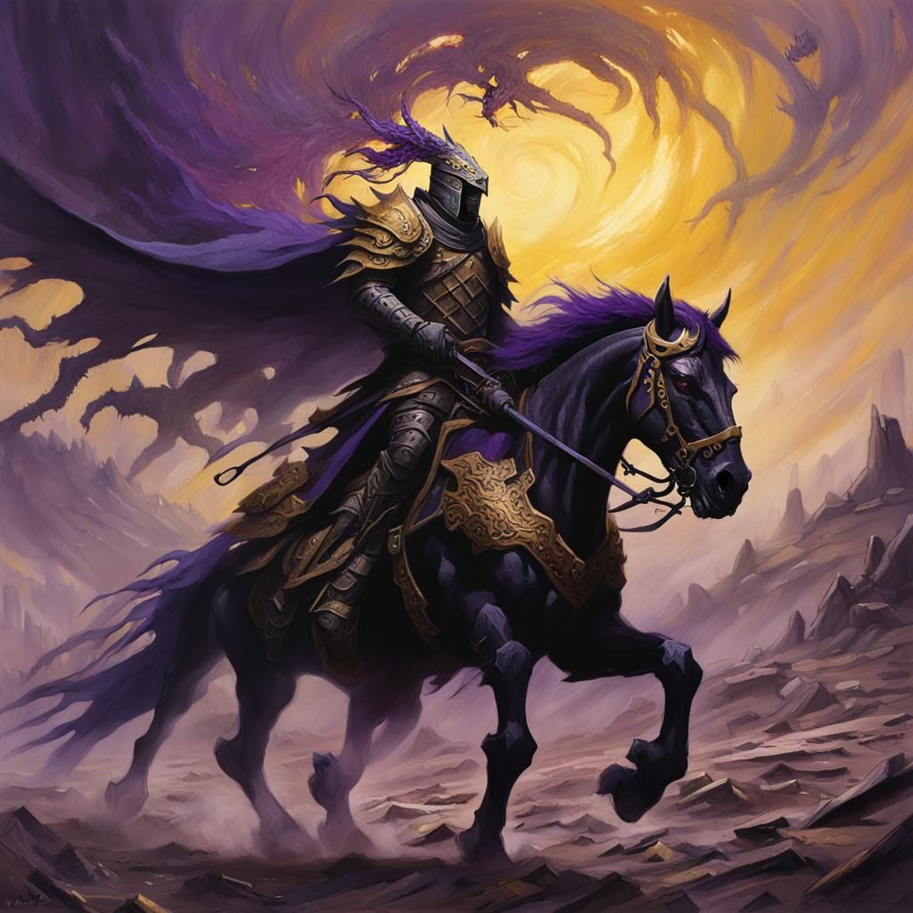 Dark Fantasy Warrior Rides Towards Epic Dragon Battle