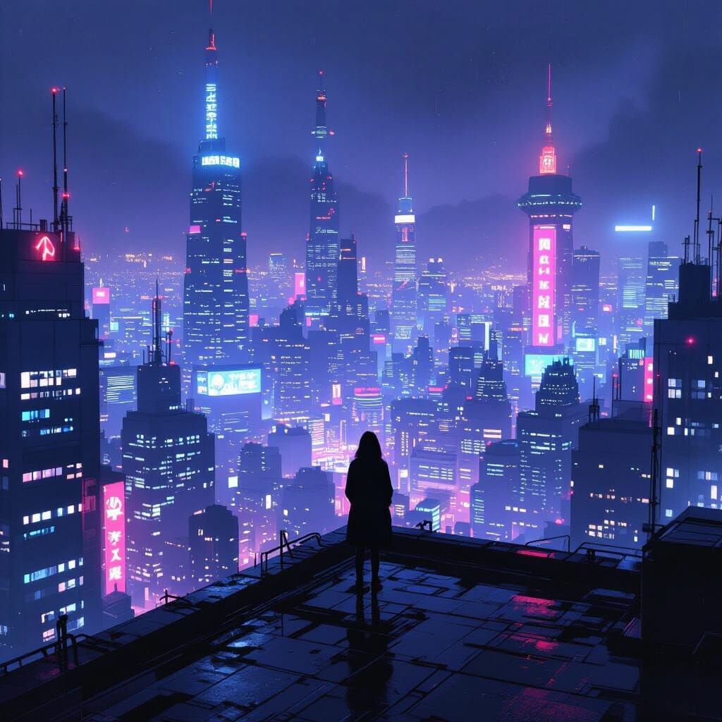 Cyberpunk Cityscape at Night with Lone Figure