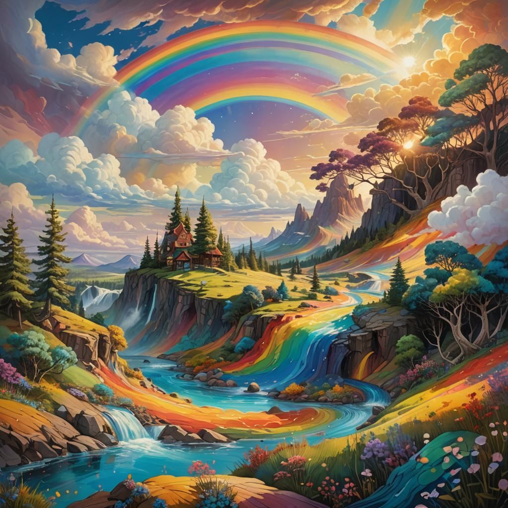 Whimsical Rainbow Landscape in Vibrant Oil Painting Style