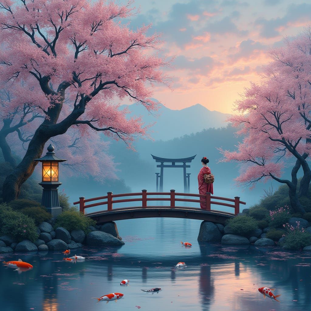 Serene Japanese Garden at Dusk with Geisha