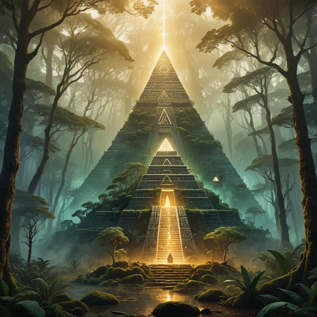 Fantasy Pyramid in Mystical Forest, Enveloped in Vibrant Mis...