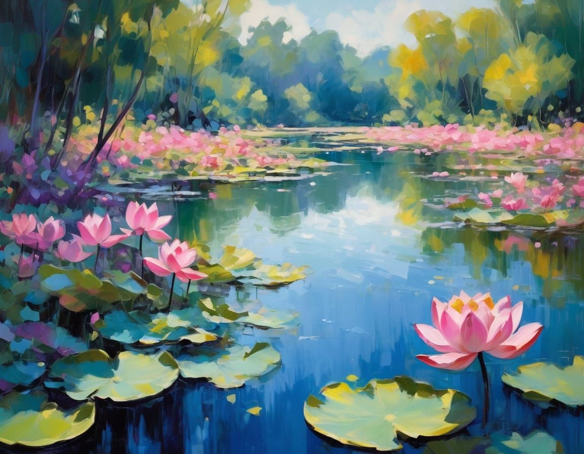 Vibrant Lotus Blooms in Serene Water Garden