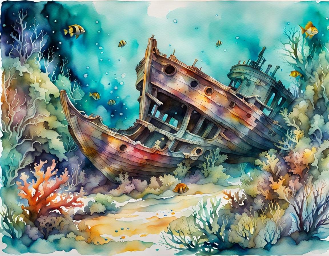 Fanciful Oceanic Wreckage in Vibrant Watercolor