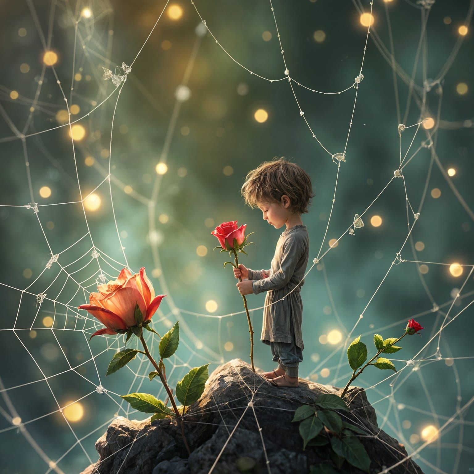 The Little Prince and Spiderweb Rose in Soft Fantasy Colors