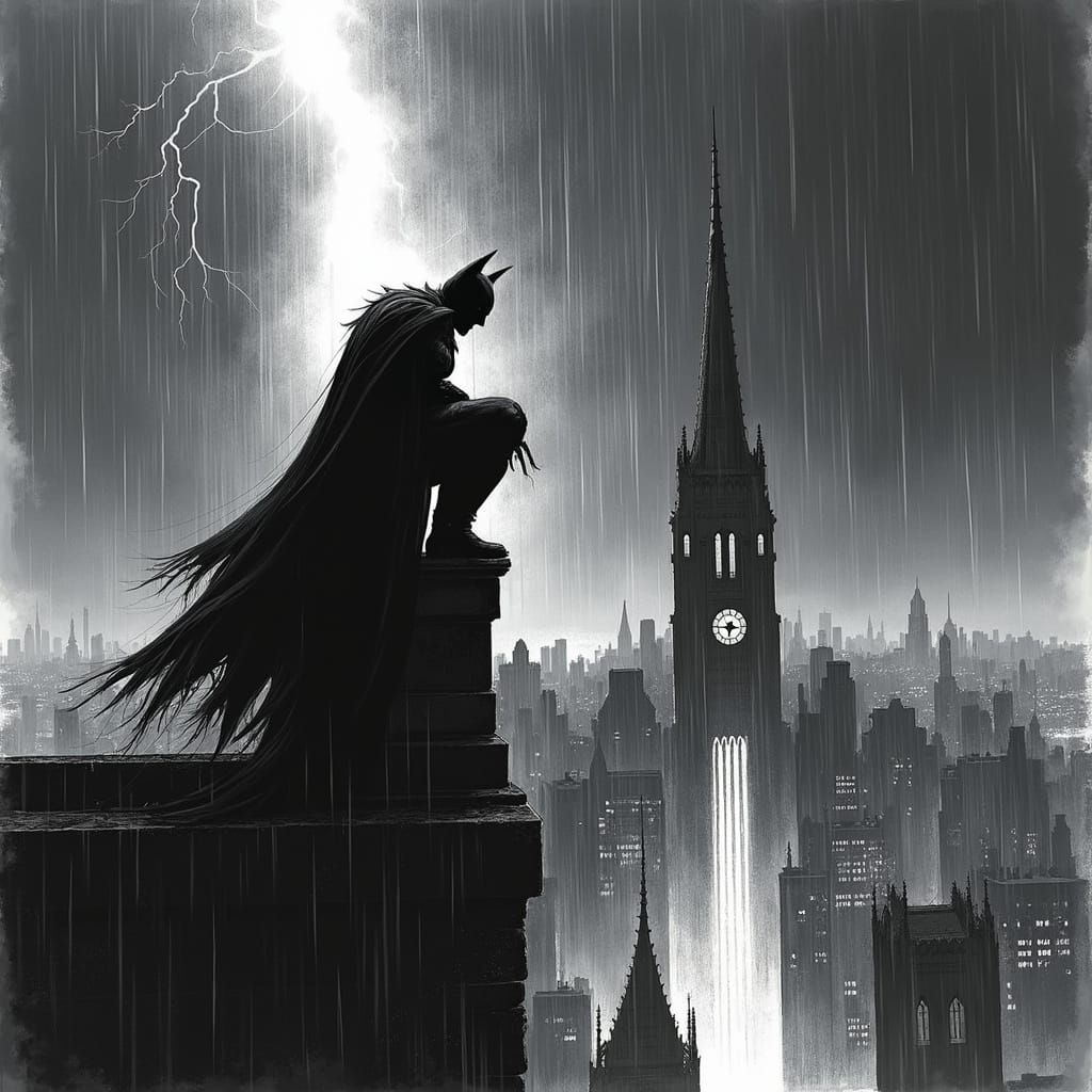 Gothic Vigilante Silhouetted Against Gotham City Storm
