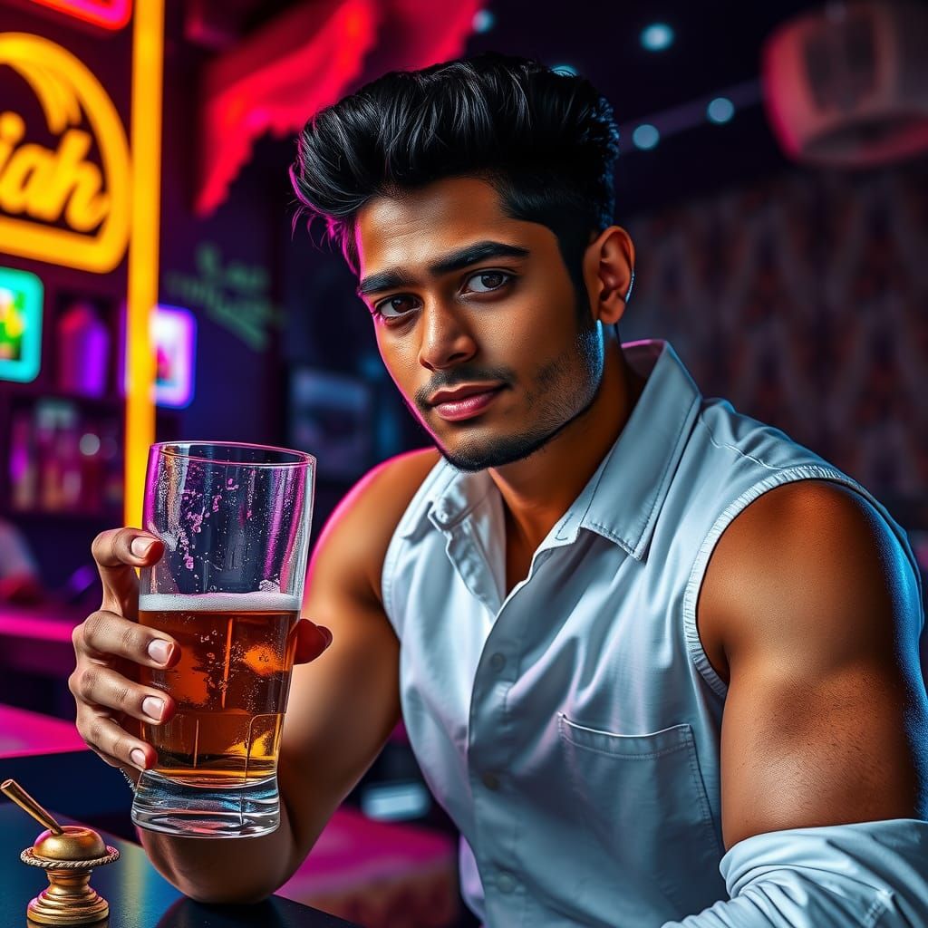 South Indian Tamil Man Relaxes in Dimly Lit Bar with Neon Li...