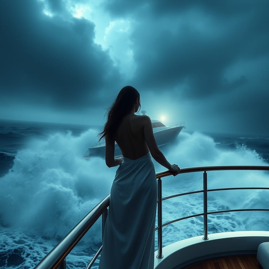 Woman on Sinking Yacht in Stormy Seas