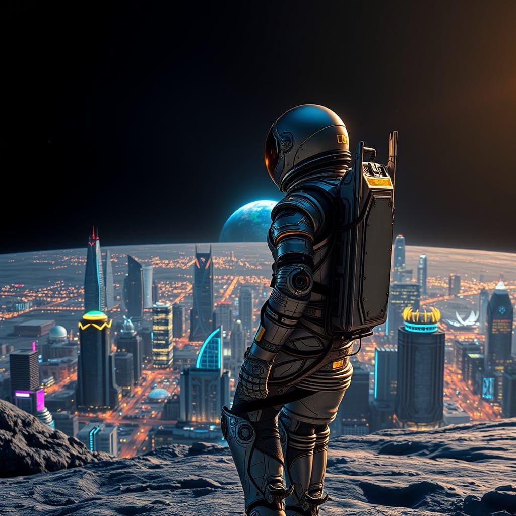 Sleek Astronaut Stands at Edge of Futuristic Lunar Metropoli...
