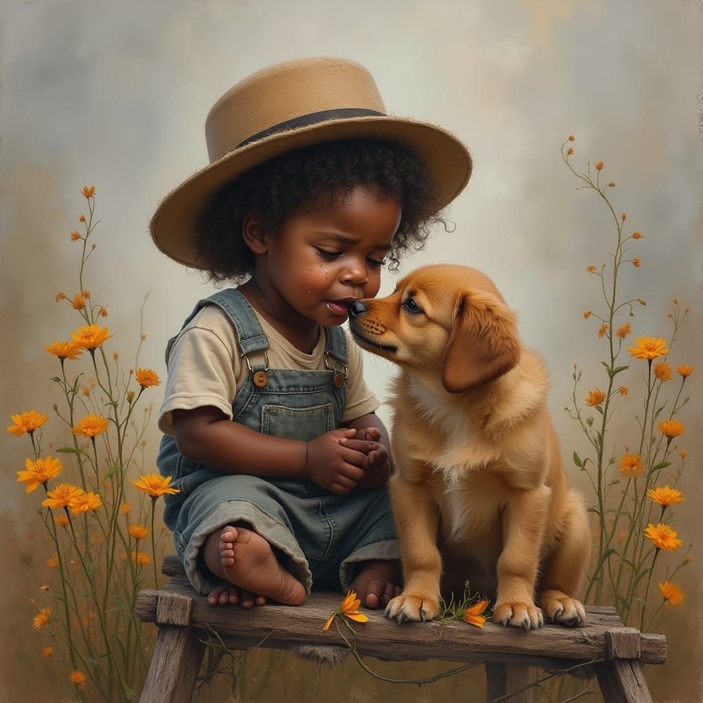 Scruffy Toddler and Dog Oil Painting with Expressive Waterco...