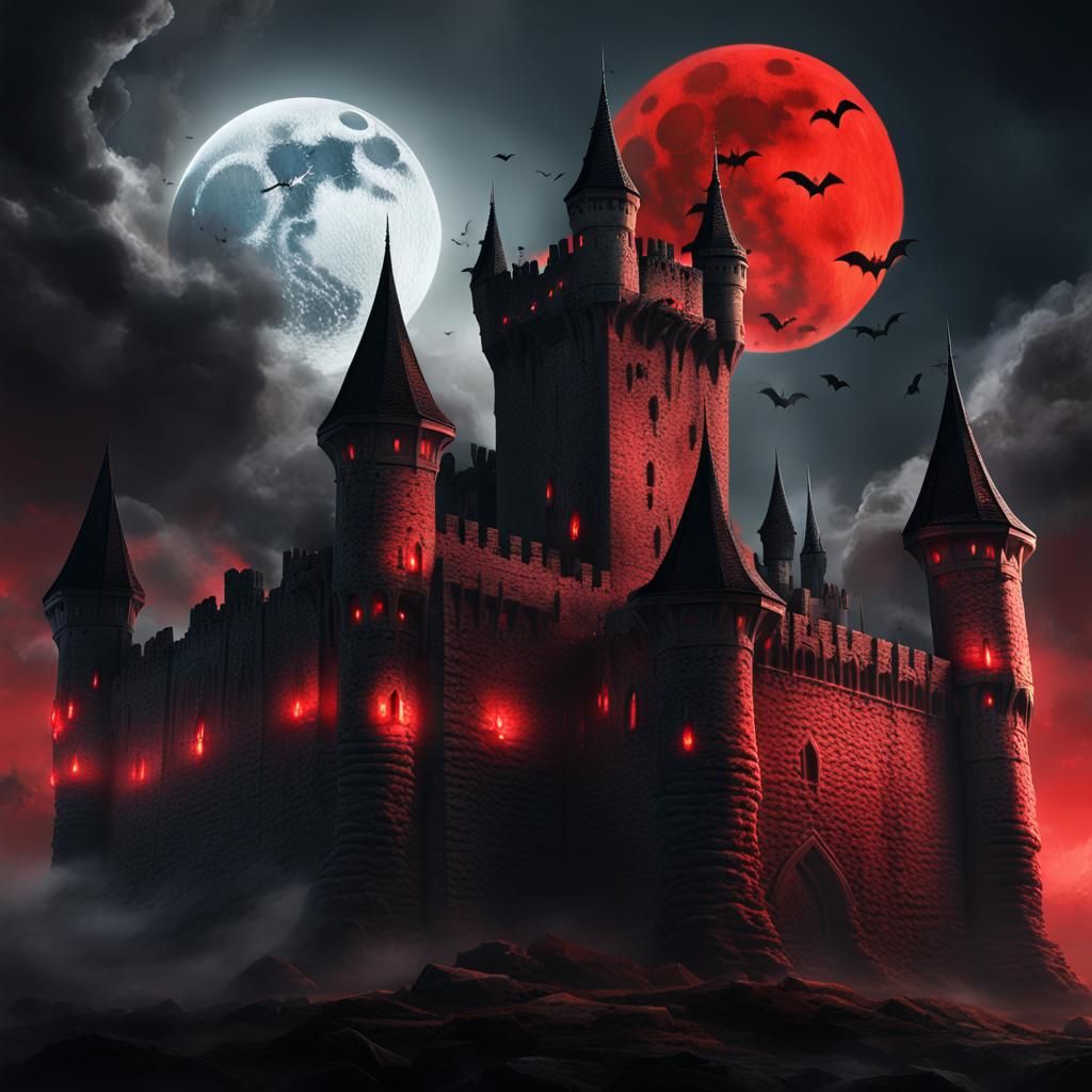 Gothic Fantasy Castle Amidst Blood-Red Moonlit Mist