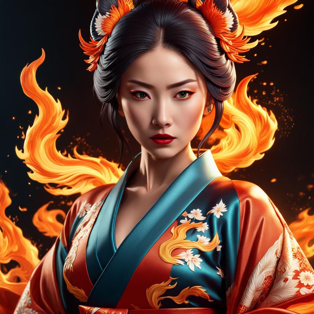 Intricate Kitsune Woman Casting Flames in Hyperrealistic Kim...