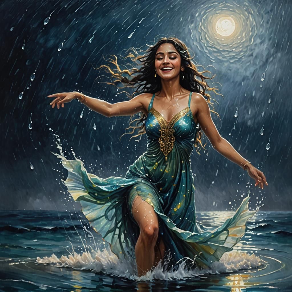 Middle Eastern Water Nymph Dances in Moonlit Ocean Breeze