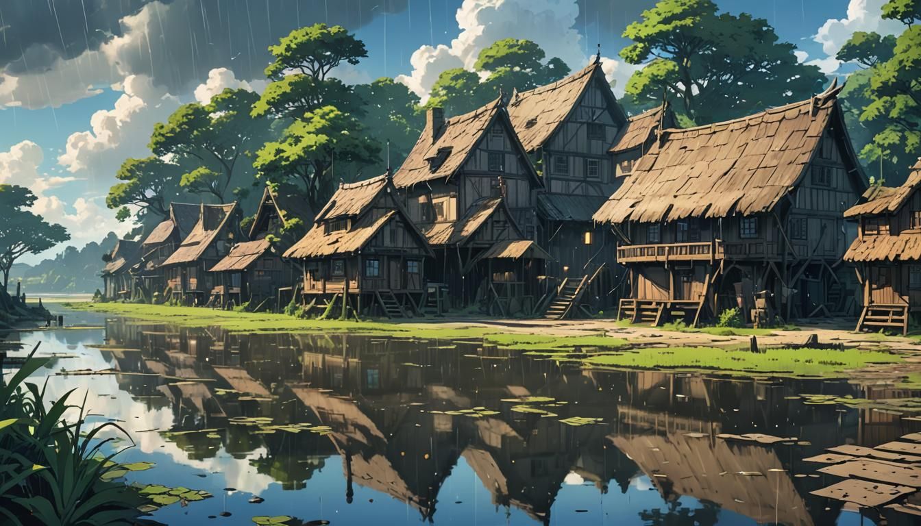 Village Amidst a Stormy Swamp and Beach Landscape, in Anime....