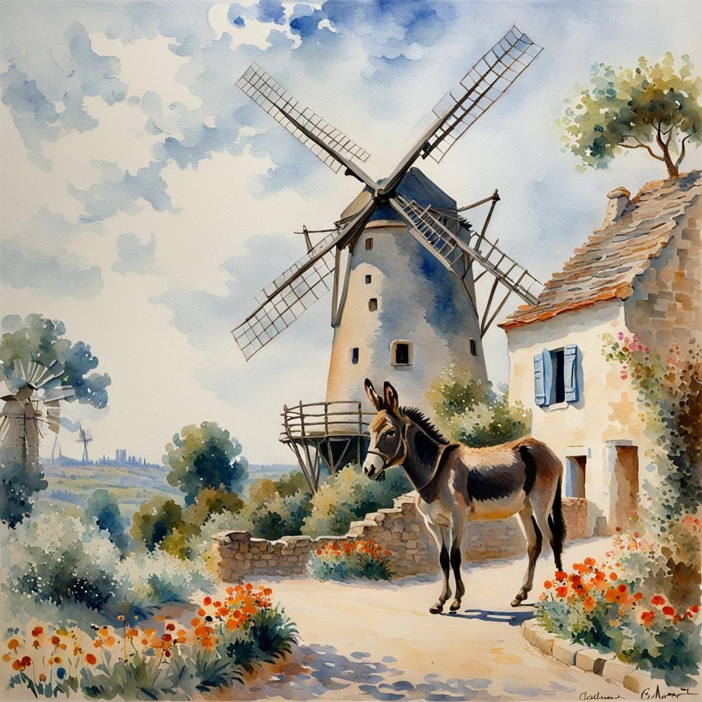 A donkey in front of Alphonse Daudet's windmill in Fontvieil...