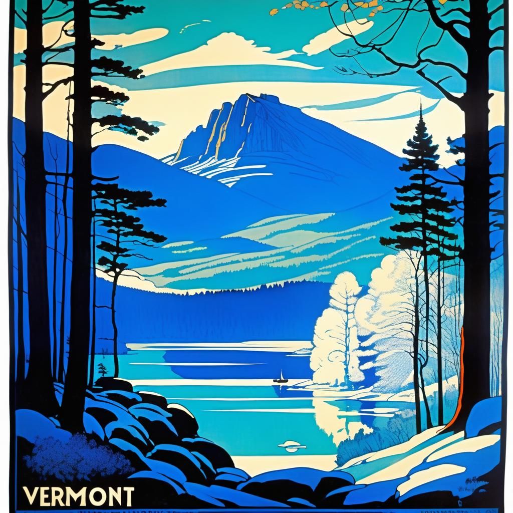 Vintage Vermont Travel Poster in Art Nouveau Style