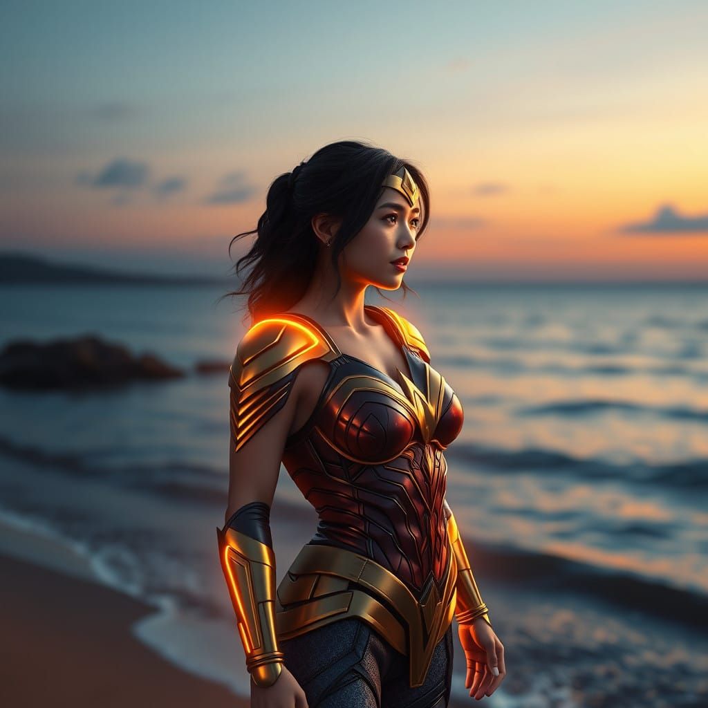 Elegant Korean Wonder Woman Silhouette at Sunset