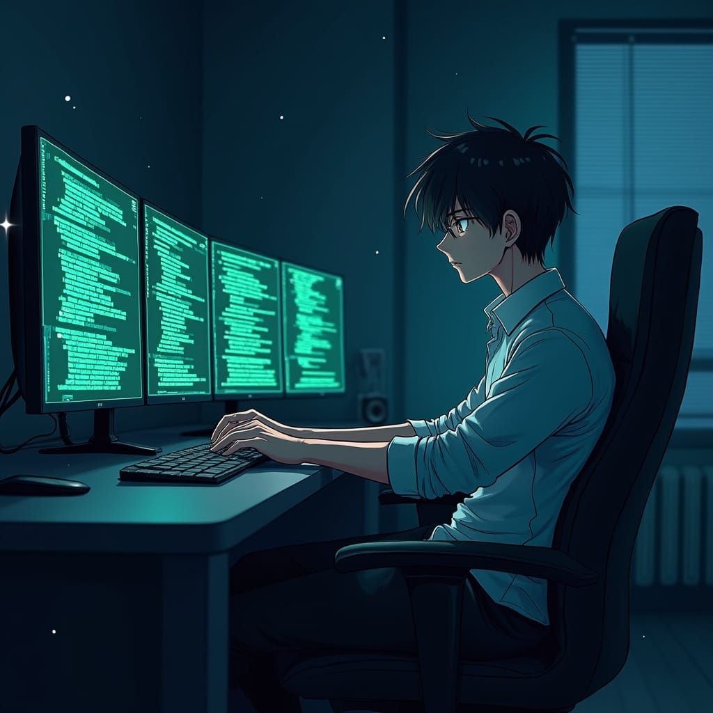 Anime Key Visual: Man Coding in Neon Glow