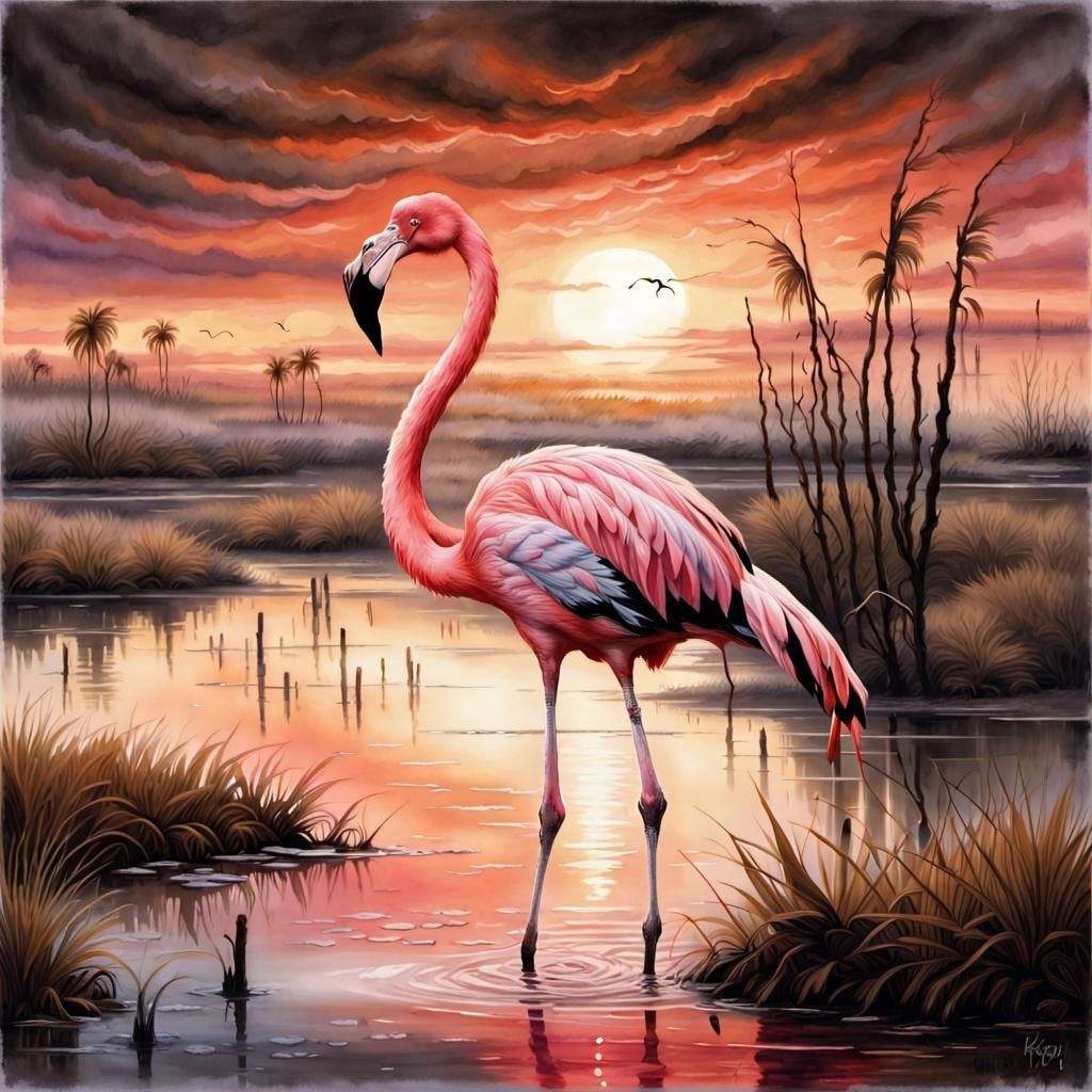 Ethereal Flamingo at Sunset in Dreamlike Landscape