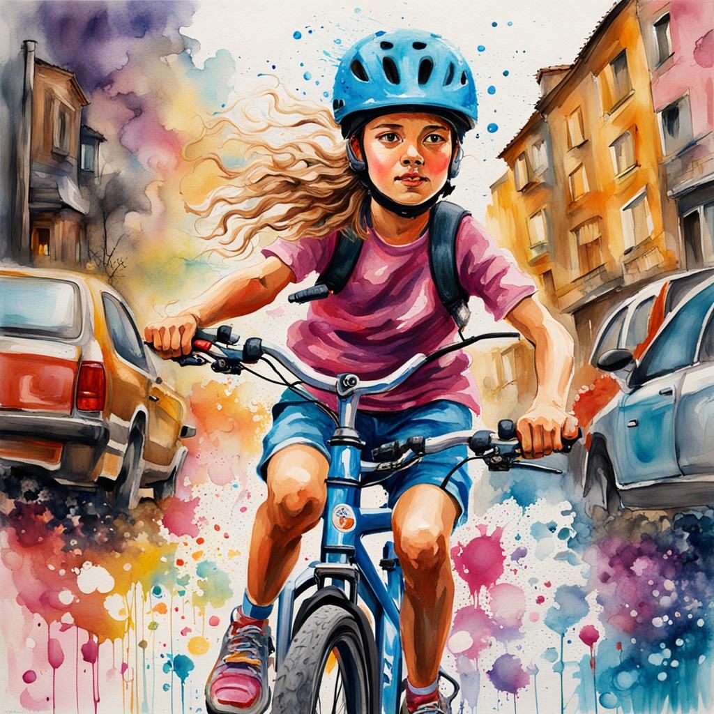 Elegant Girl on Bike in Vibrant Watercolour Style