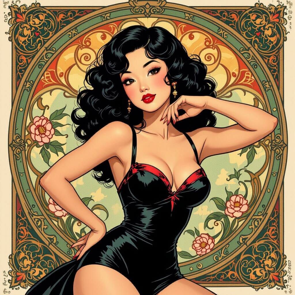 Asian Pin-Up Girl in Alphonse Mucha Style