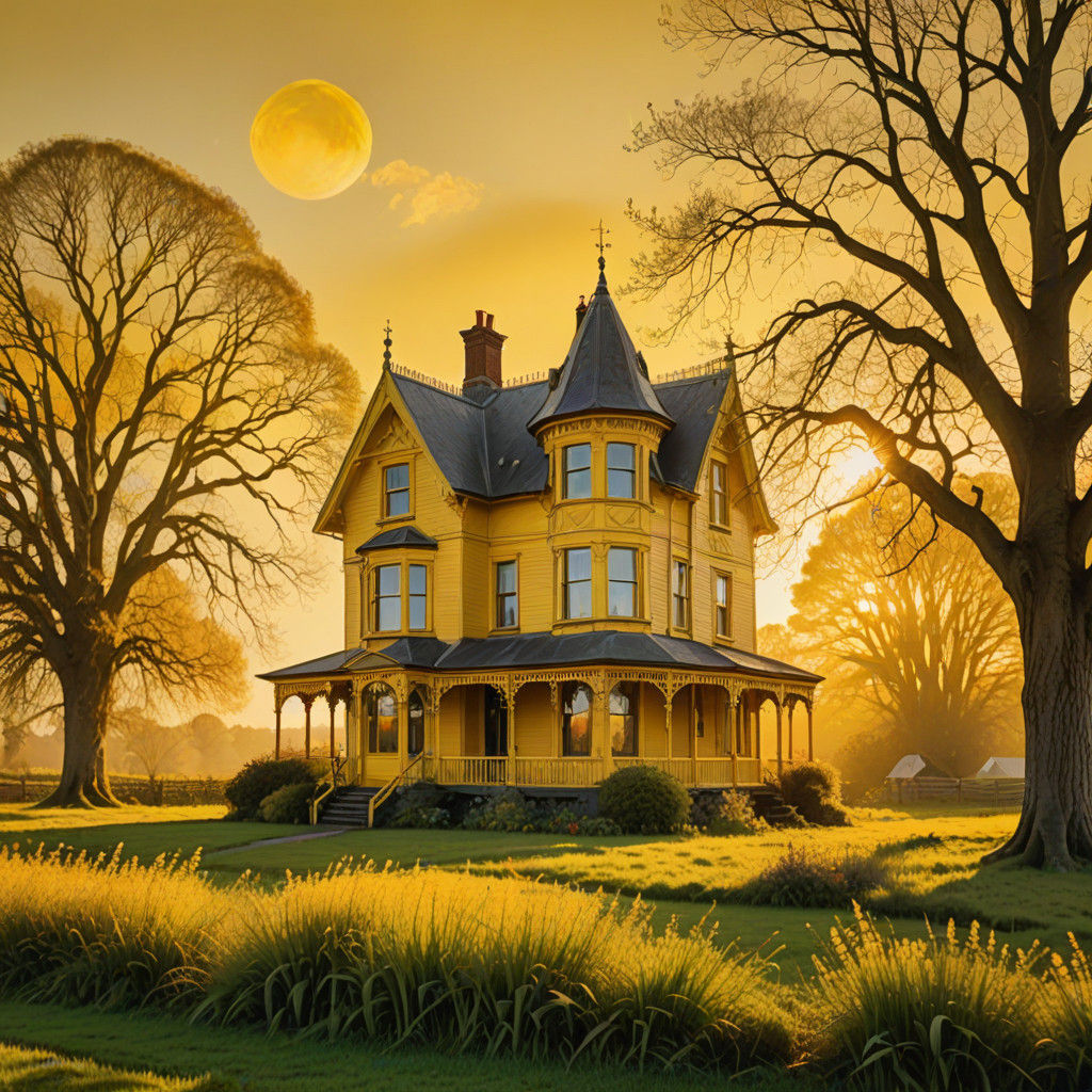 Image of the amazing and fantastical golden hour yellow on yellow double exposure abstract art of a close up Victorian c...