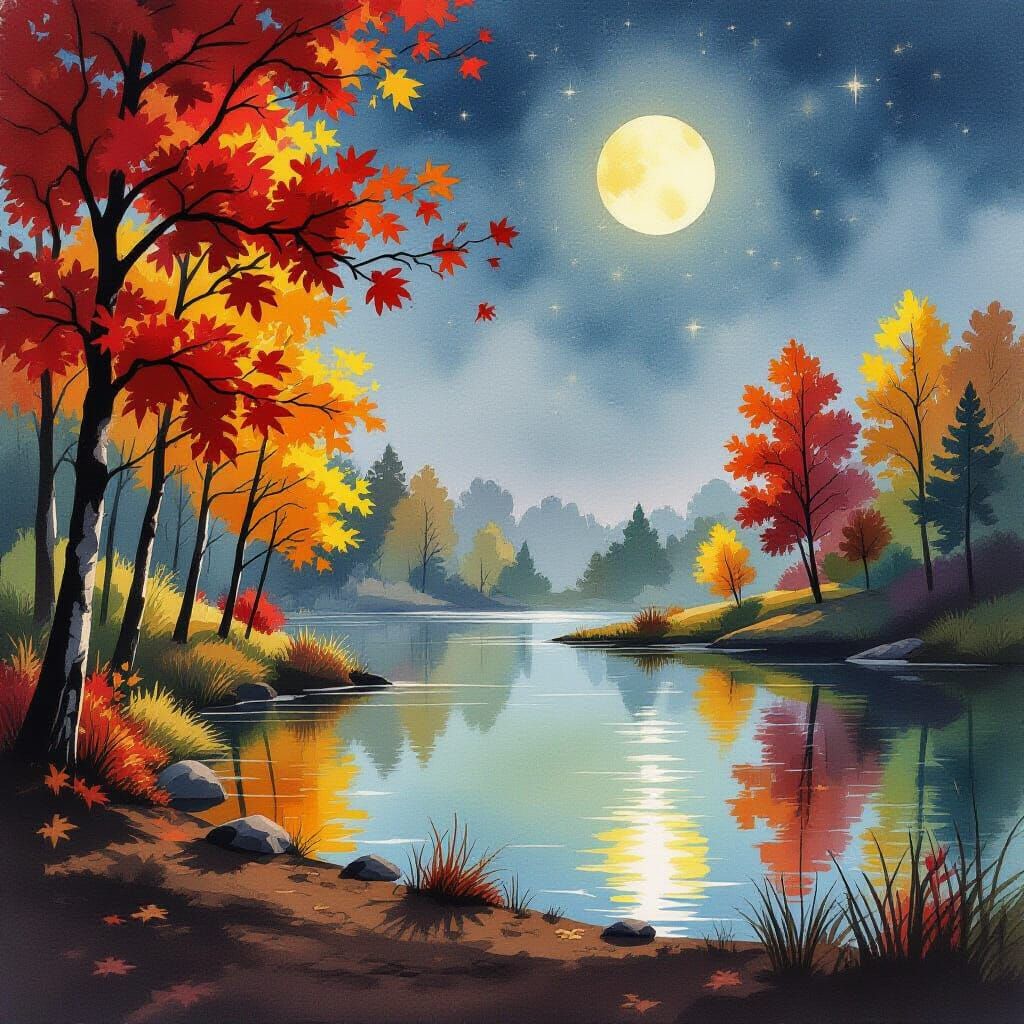 Watercolor Autumn Landscape with Glowing Moon