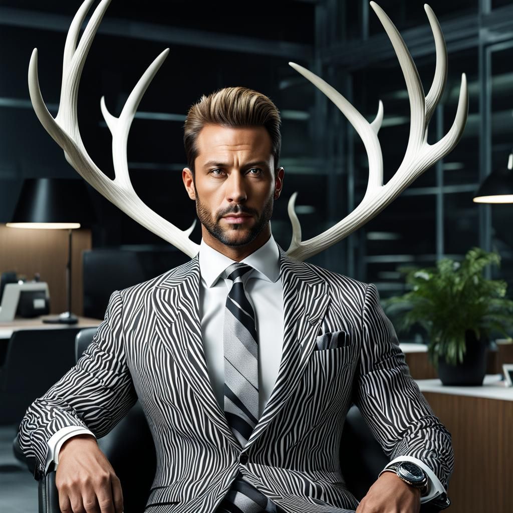 Man in Zebra Striped Suit with Antlers in Futuristic Office