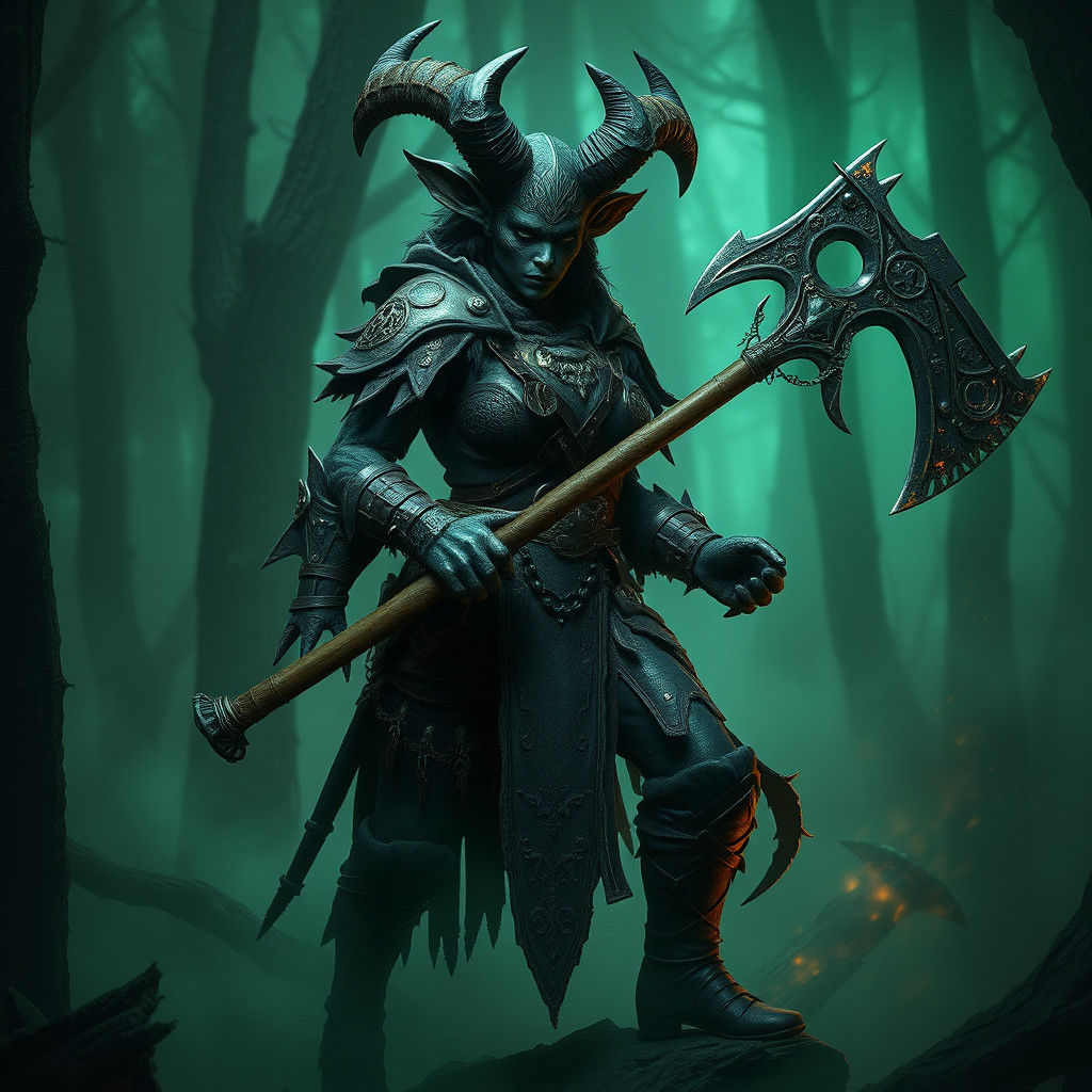 Gothic Female Blighted Barbarian in an Ancient, Misty Forest