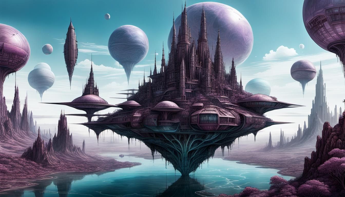 Ethereal Floating Metropolis above Alien Landscape