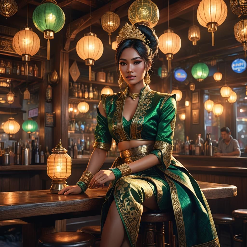 a ladyboy seated on a bar stool in a pub on the streets of t...