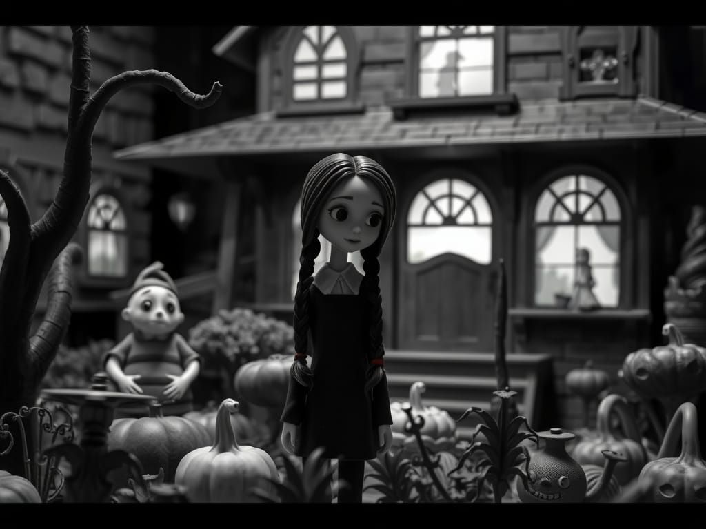 Wednesday Addams in Haunted Garden, Tim Burton Style