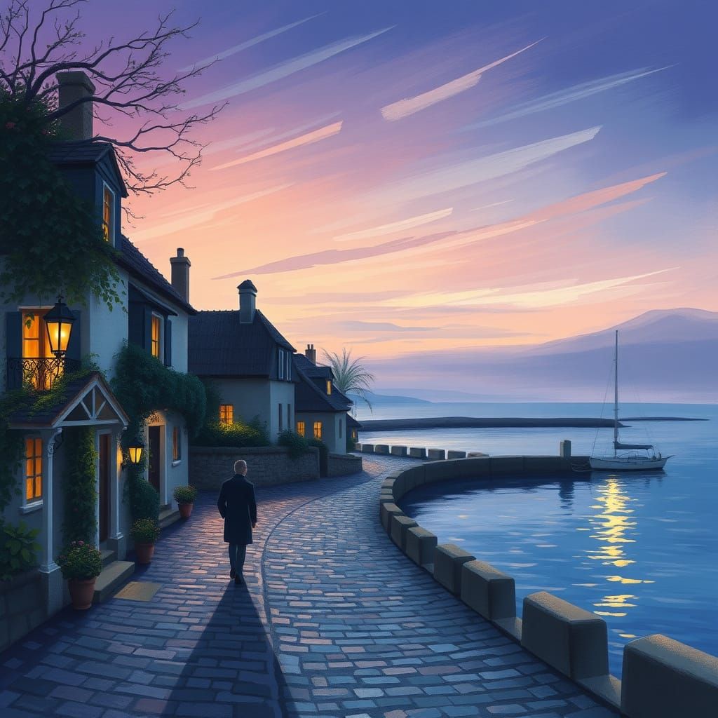 Twilight Coastal Village Scene with Romantic Nostalgia