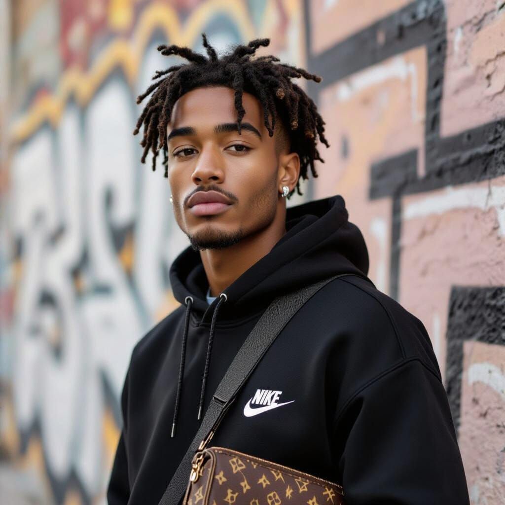 Young Man in Streetwear Style with Louis Vuitton Bag