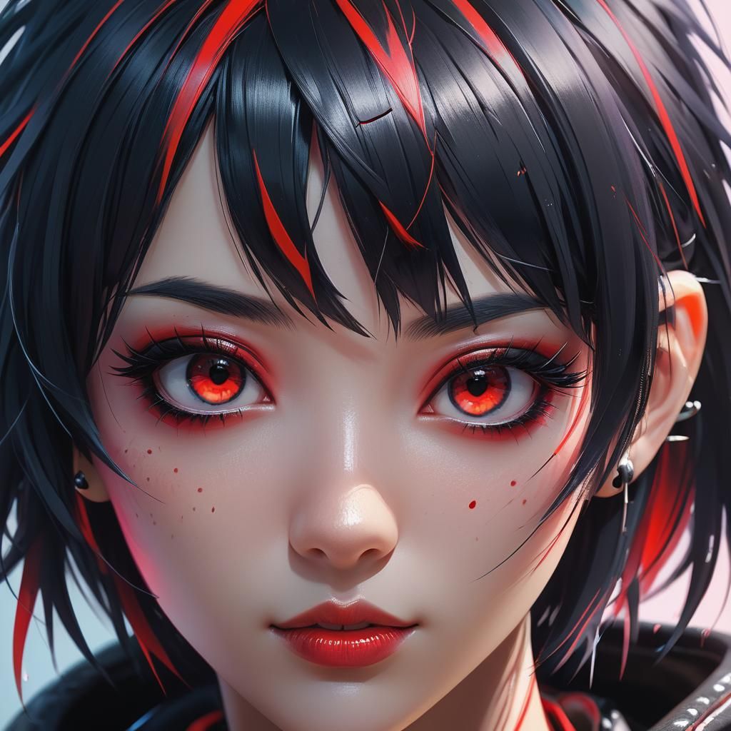 Cute Emo Girl with Modern Punk Style and Red Streaks in Anim...