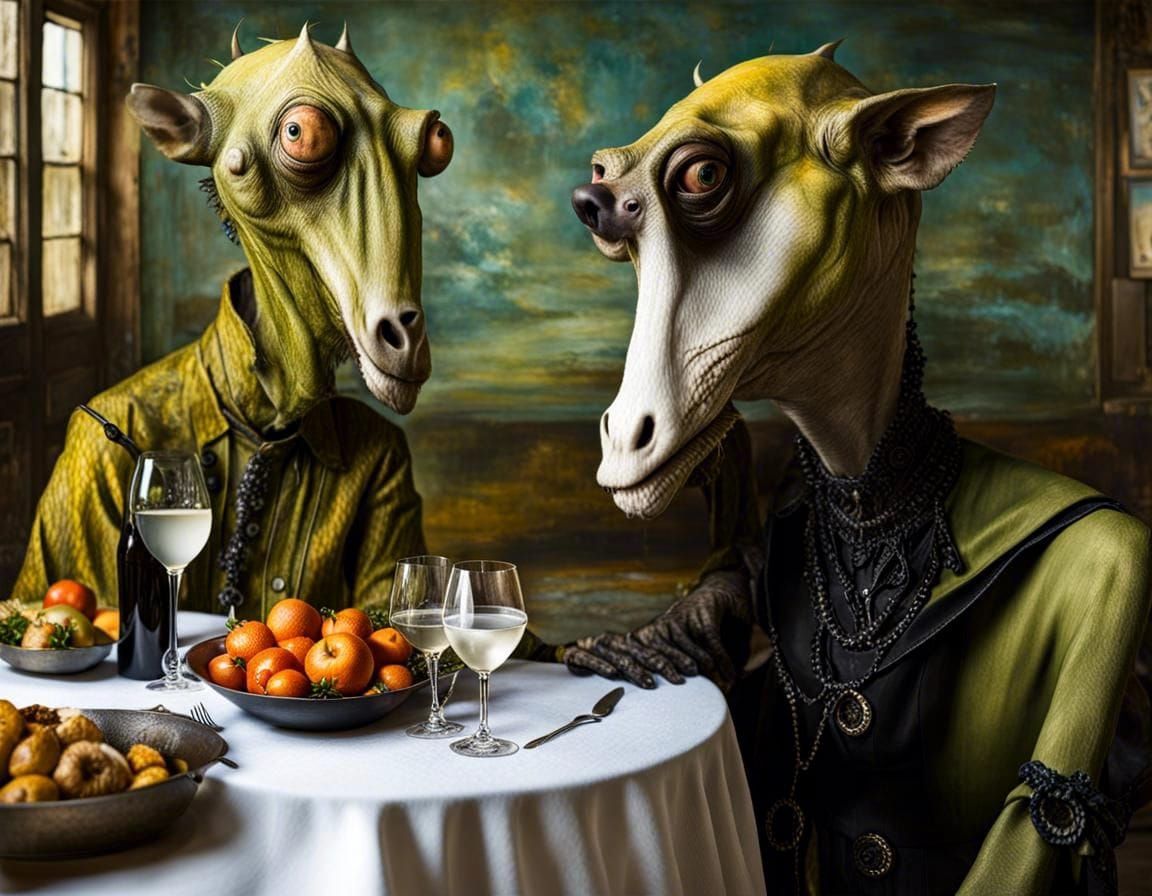 Exotic Alien Celebration in Surreal Restaurant Photography
