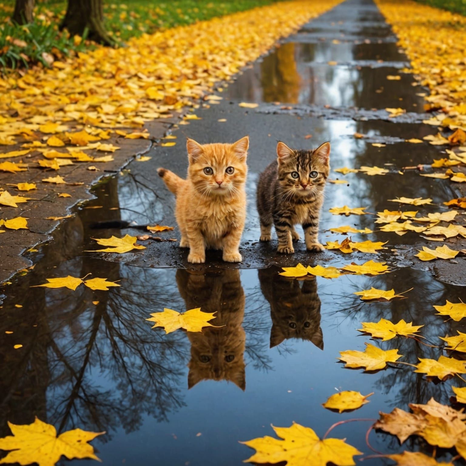 Surreal Autumn Scene with Yellow Leaves and Playful Pets