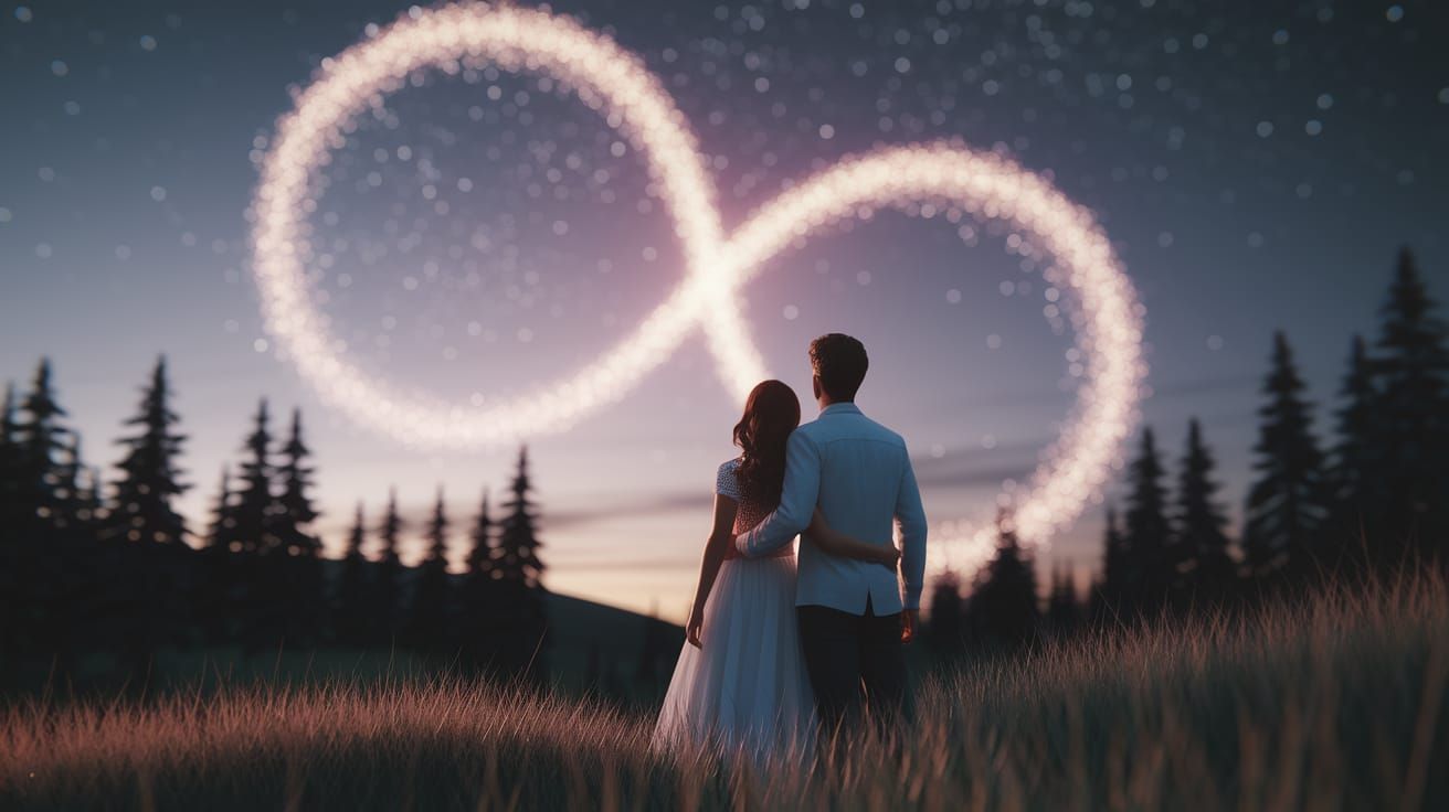 Couple Gazing at Glowing Figure Eight in Starry Night Sky