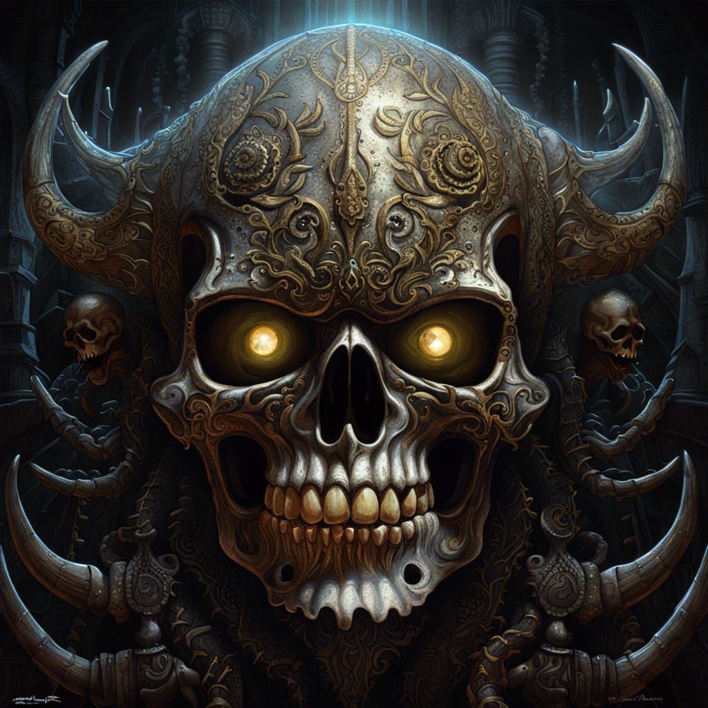 Glowing Noir Fantasy Skull in Mixed Media Art